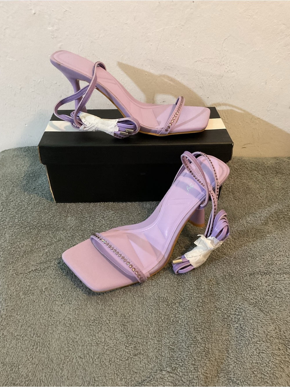 Lilac Rhinestone Strap Block Heel Sandals for Women